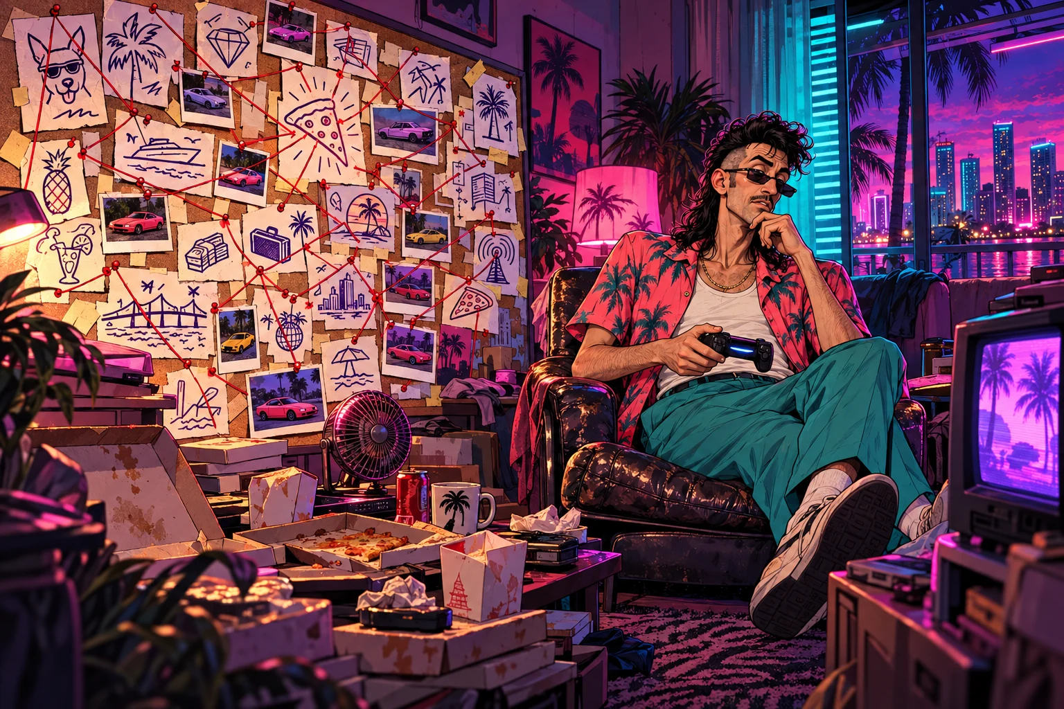 Vic Lag slouched in an armchair in a cluttered neon apartment, game controller in hand, beside an absurd planning board covered in red string.